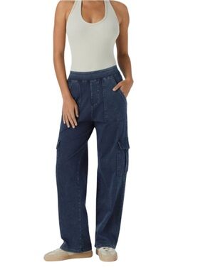 Halara High Waisted Cargo Pants Wide Leg Denim Blue Utility Pants Size XS